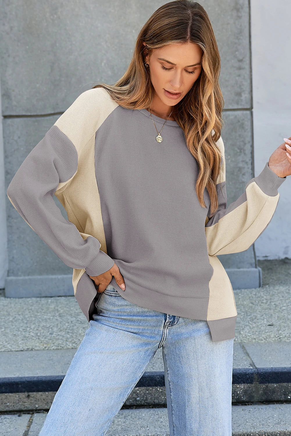 Color Block Waffle Knit Raglan Sleeve High Low Pullover