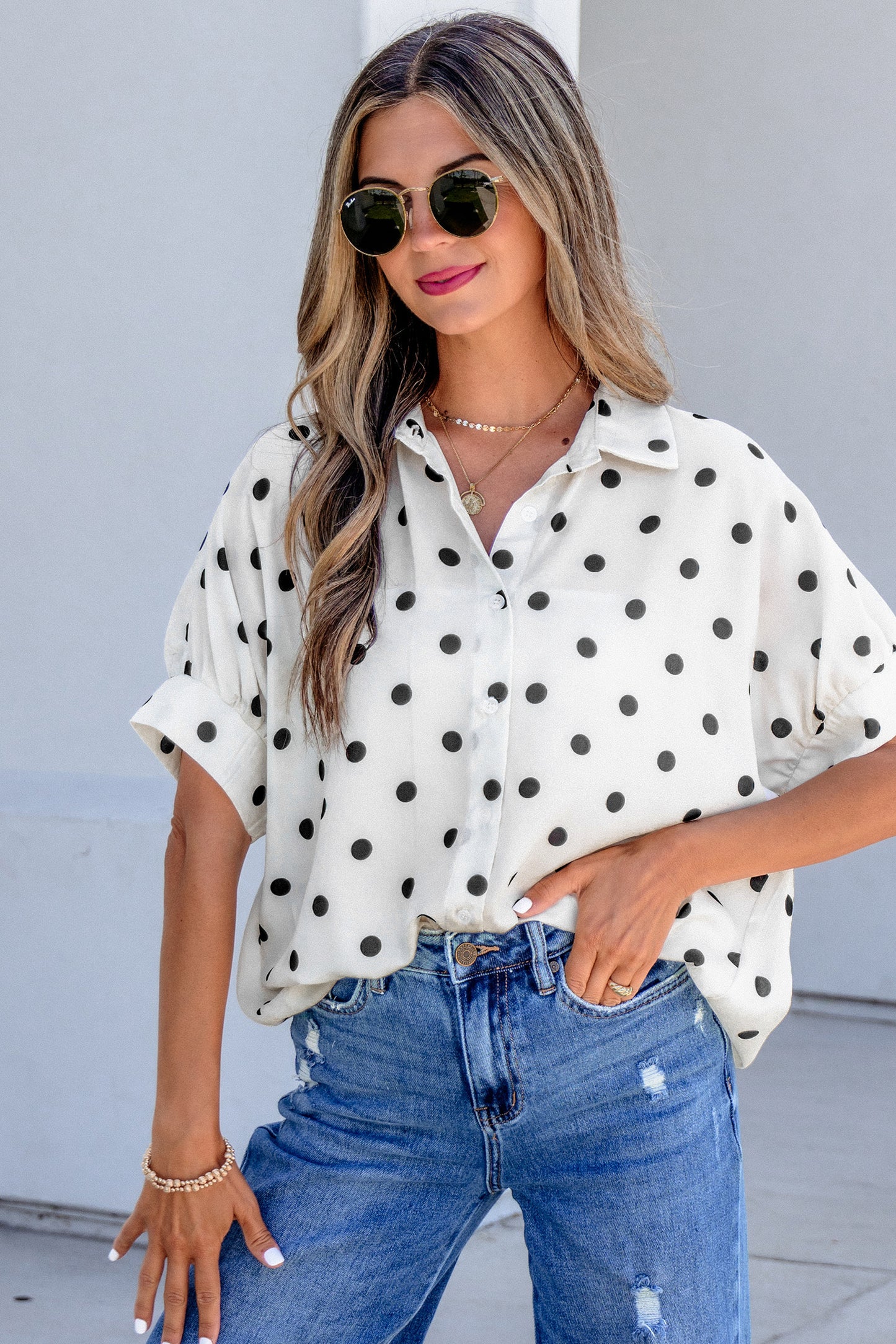 Beige Polka Dot Button Up Dolman Sleeve Loose Blouse