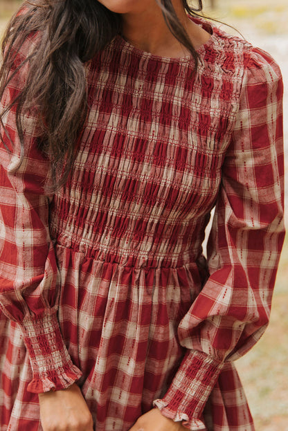 Red Plaid Print Smocked Puff Sleeve Mini Dress