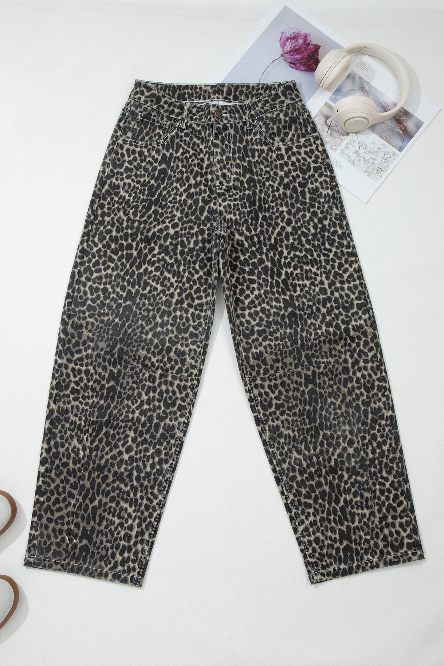 Black Leopard Print High Waist Barrel Leg Jeans