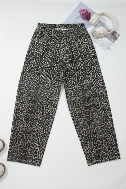 Black Leopard Print High Waist Barrel Leg Jeans
