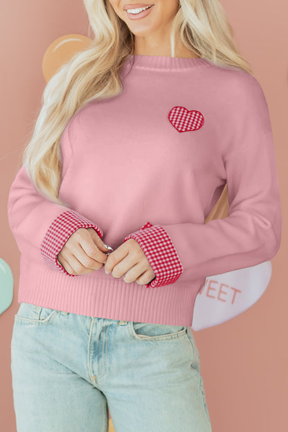 Valentine’s Day Light Pink Plaid Heart Crewneck Sweater