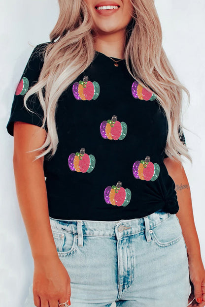 Sequin Pumpkin Graphic Tee Halloween Fall Casual Top