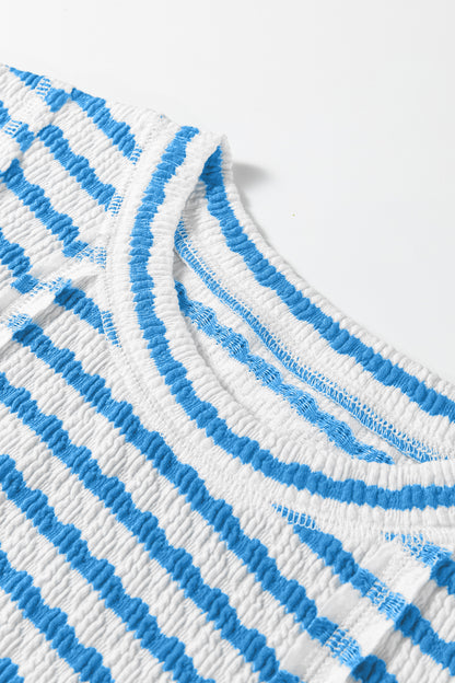 Blue Stripe Textured Short Sleeve Patchwork T Shirt