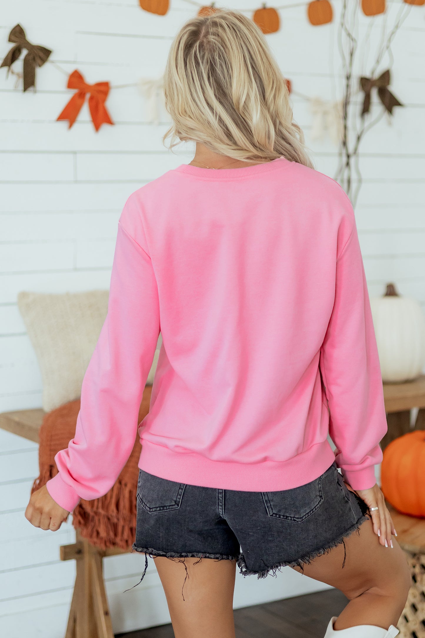 Pink Embroidered Pumpkin Halloween Crewneck Sweatshirt