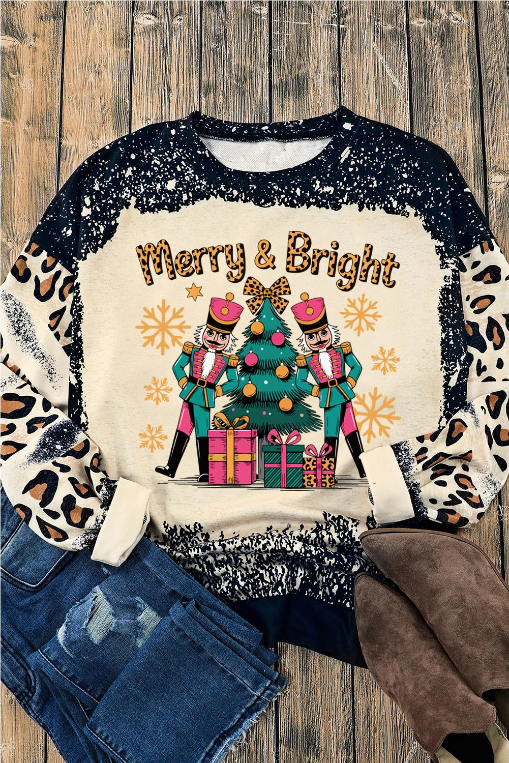 Black Merry&Bright Christmas Printed Leopard Sweatshirt