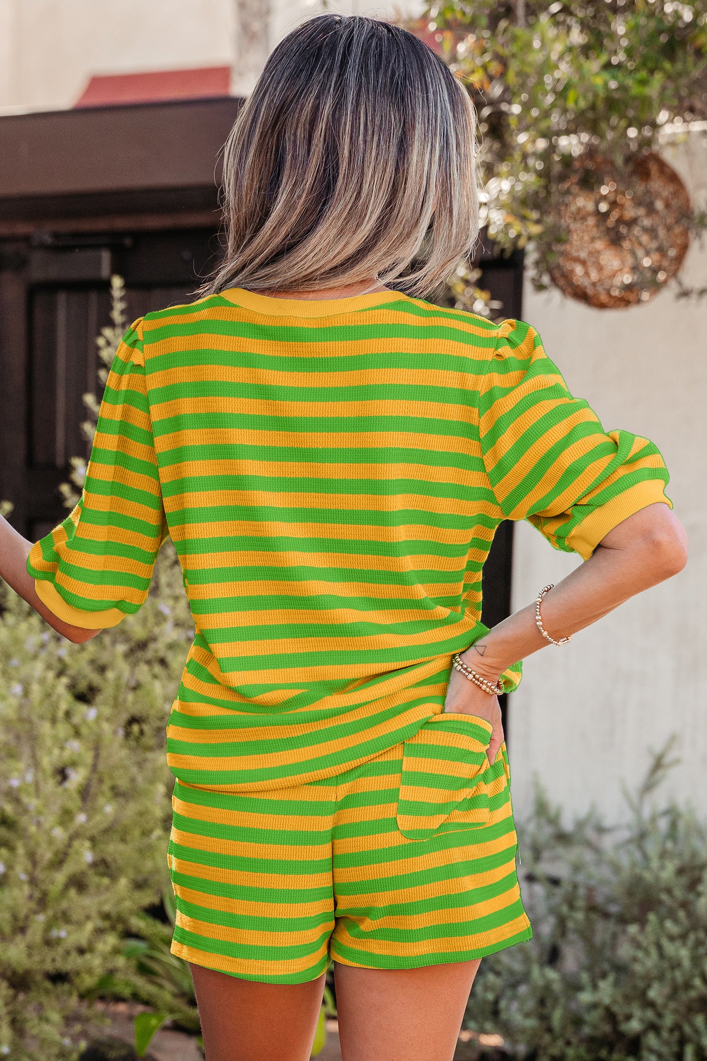 Green Stripe Puff Sleeve Lounge Set Drawstring Shorts