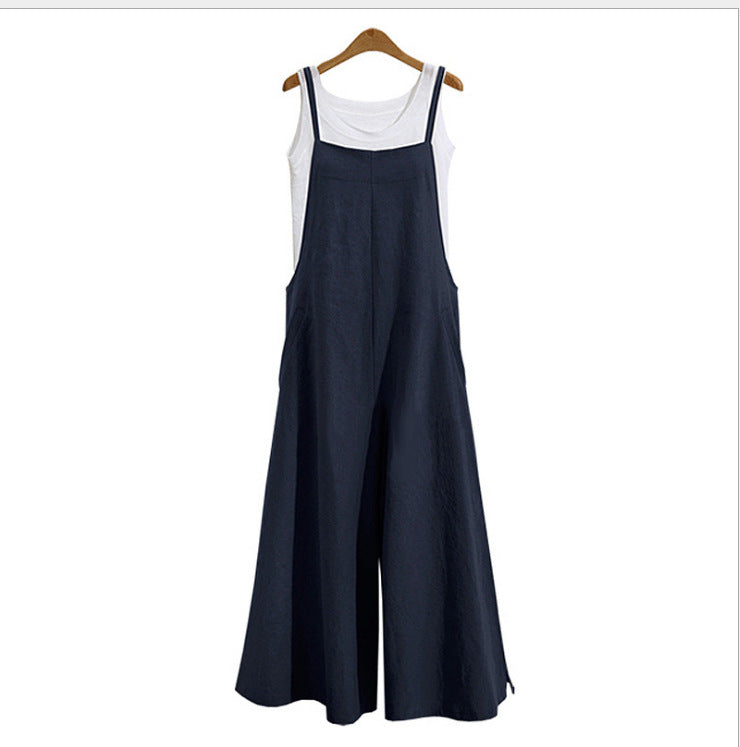 Women's Linen Cotton Wide Leg Jumpsuit Sleeveless Casual
