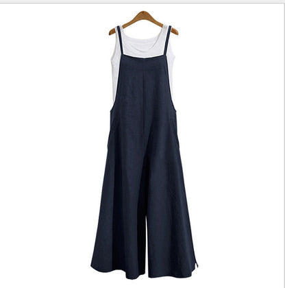 Women's Linen Cotton Wide Leg Jumpsuit Sleeveless Casual
