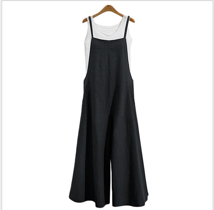 Women's Linen Cotton Wide Leg Jumpsuit Sleeveless Casual