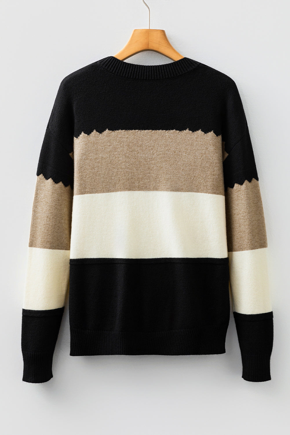 Black Beige Brown Colorblock Drop Shoulder Knit Sweater
