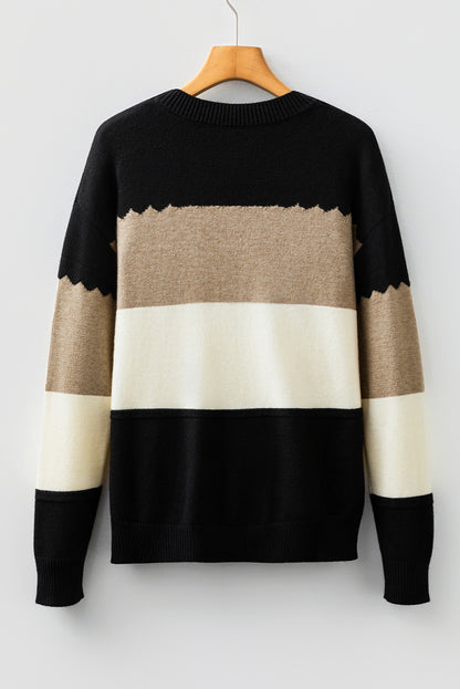 Black Beige Brown Colorblock Drop Shoulder Knit Sweater