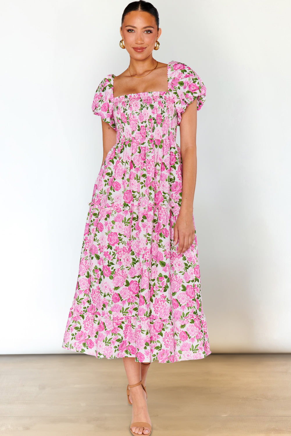 Easter Pink Floral Square Neck Puff Sleeve Maxi Dress