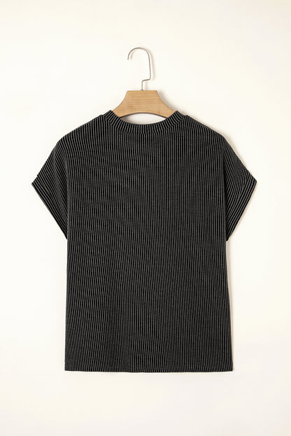Pink Striped Textured Knit Pocket Casual Tee