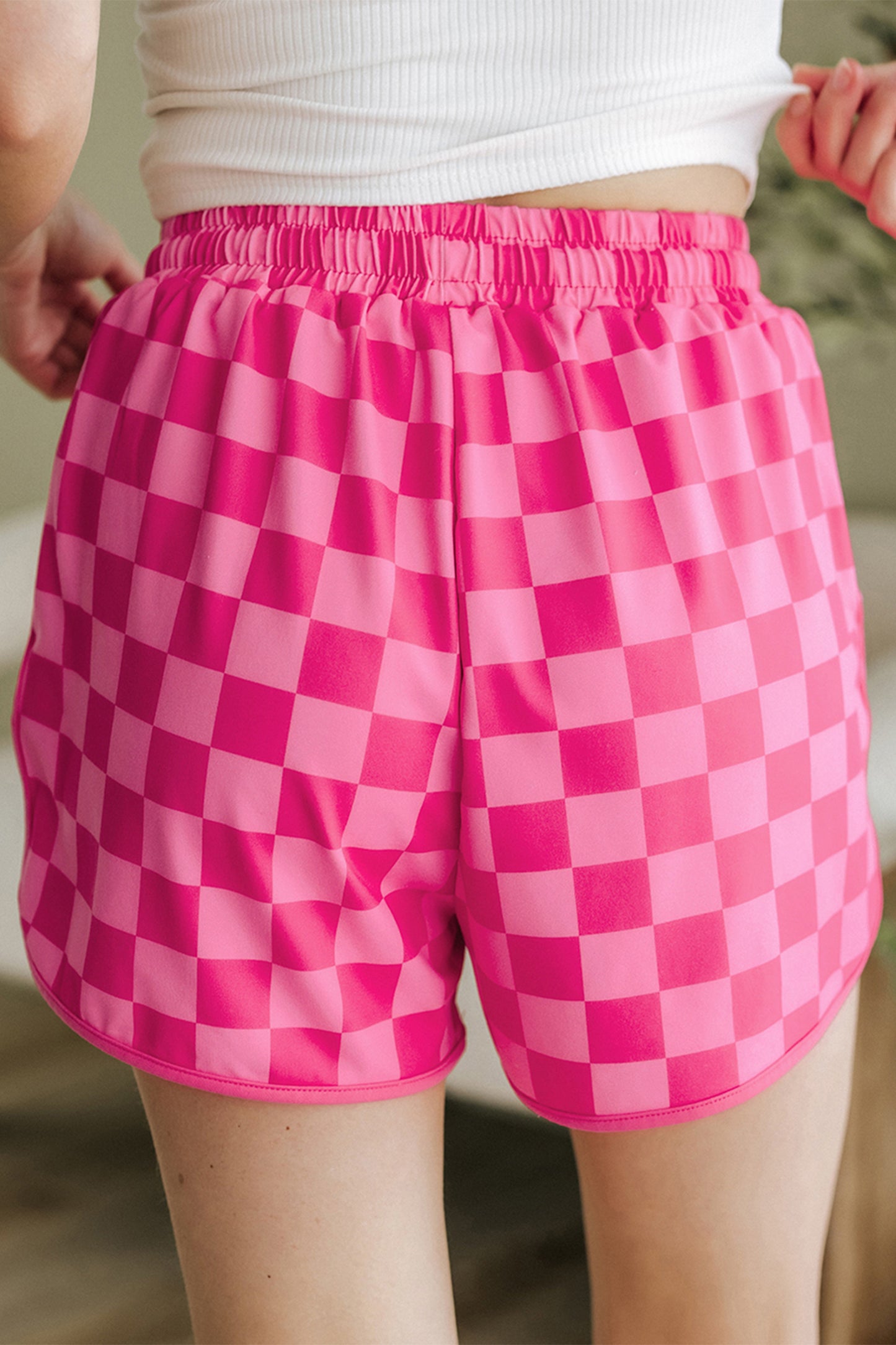 Rose Checkered Drawstring High Waist Casual Shorts