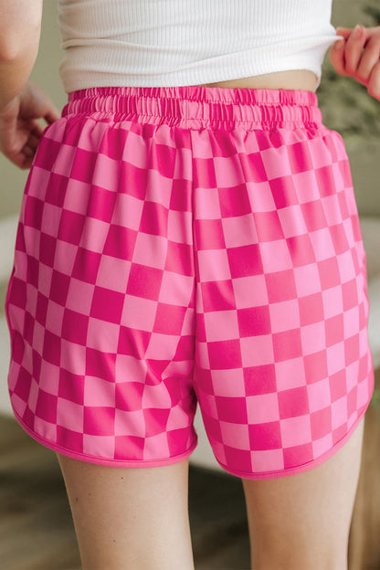 Rose Checkered Drawstring High Waist Casual Shorts