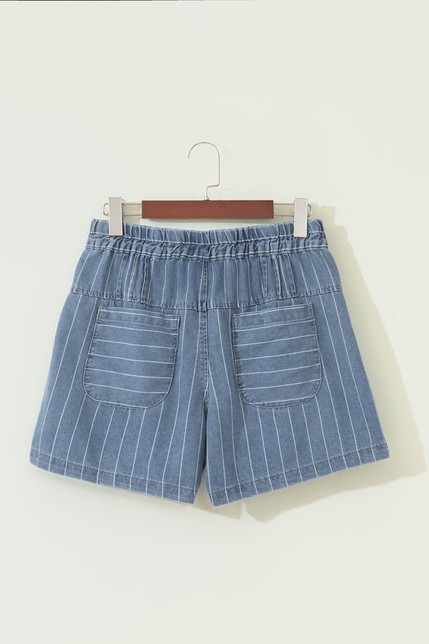 Sky Blue Stripe High Waist Button Denim Shorts Drawstring