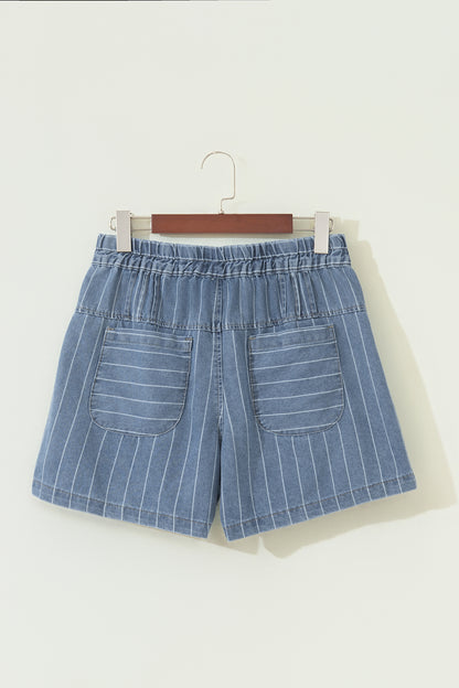 Sky Blue Stripe High Waist Button Denim Shorts Drawstring