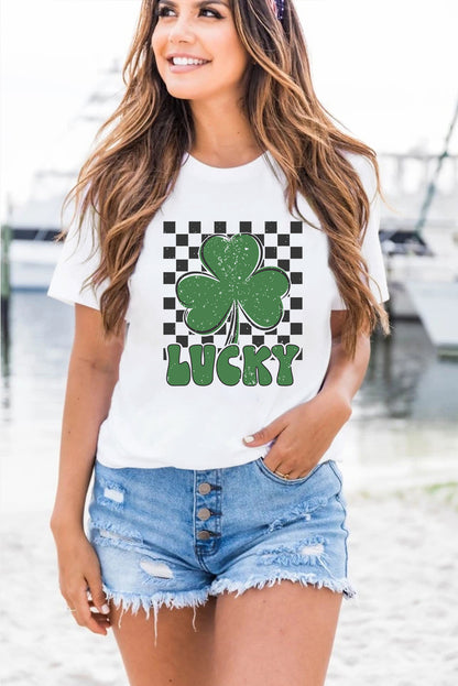 St. Patrick’s White Lucky Clover Checker Graphic Tee