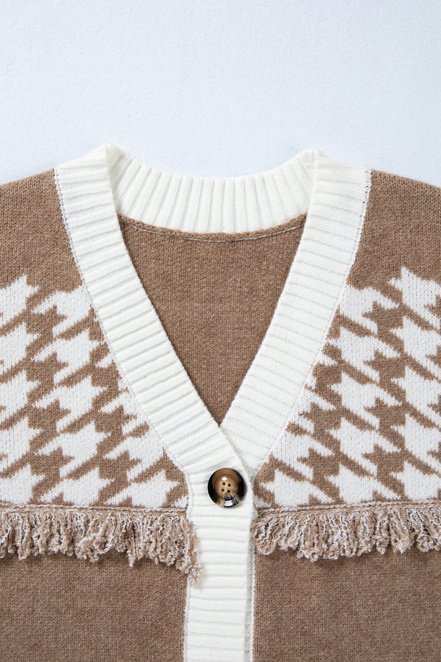 Khaki Houndstooth Fringe Trim V Neck Button Front Knit Cardigan