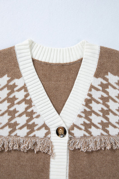 Khaki Houndstooth Fringe Trim V Neck Button Front Knit Cardigan