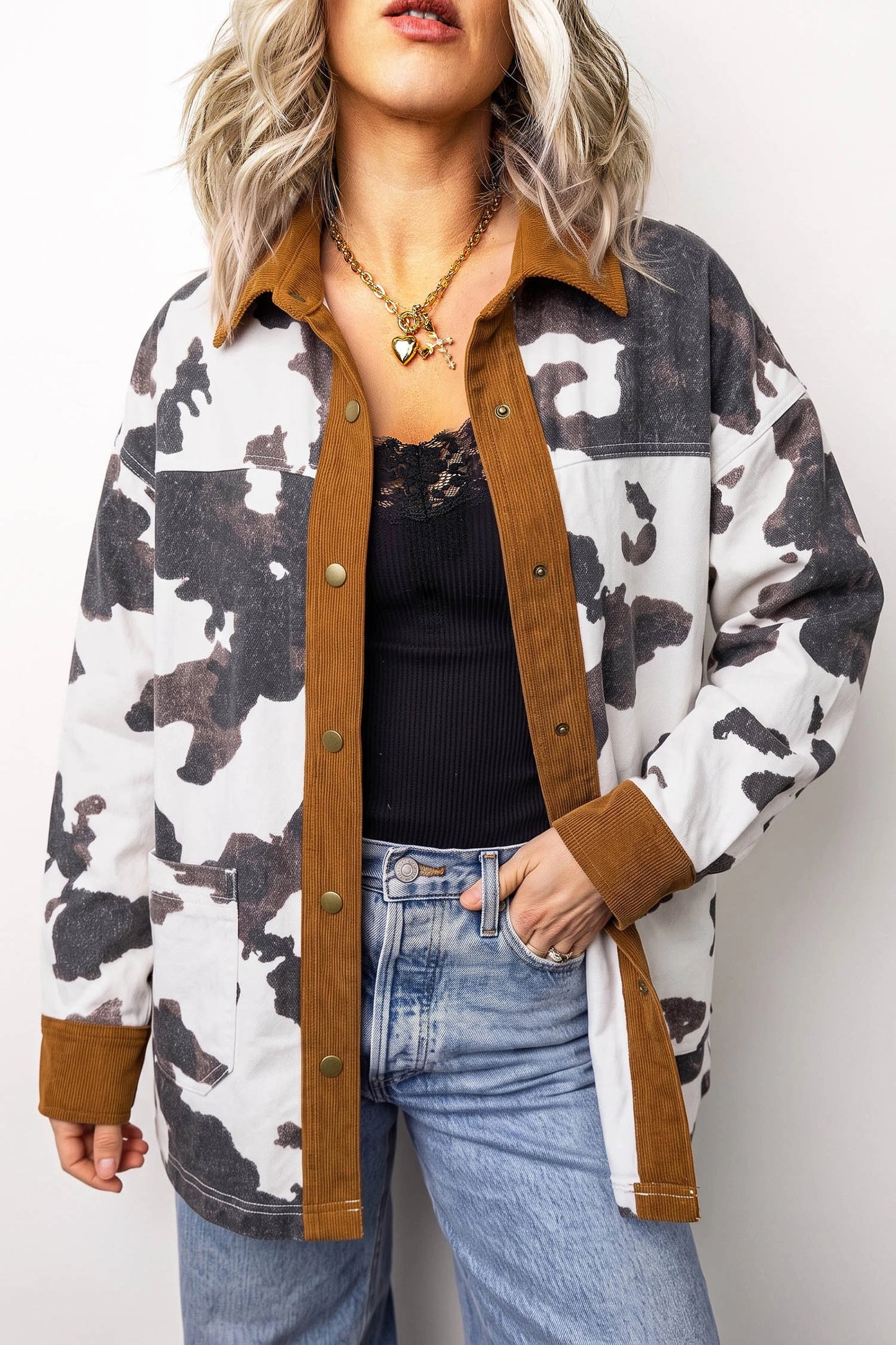 Cow Print Corduroy Trim Western Oversized Shacket