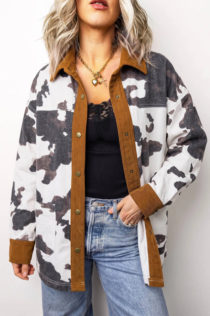 Cow Print Corduroy Trim Western Oversized Shacket
