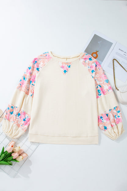 Apricot Plus Size Floral Patchwork Ribbed Puff Sleeve Top