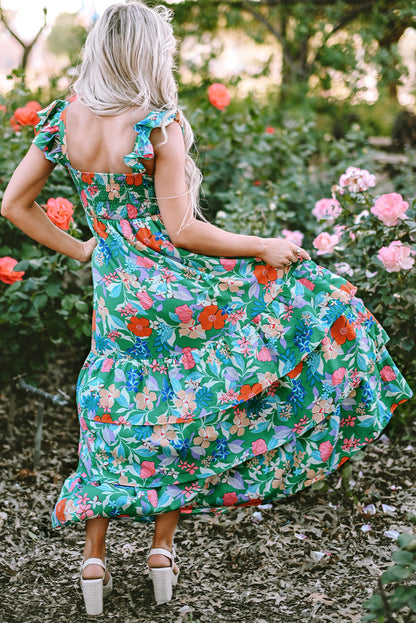 Easter Floral Square Neck Ruffle Strap Maxi Dress