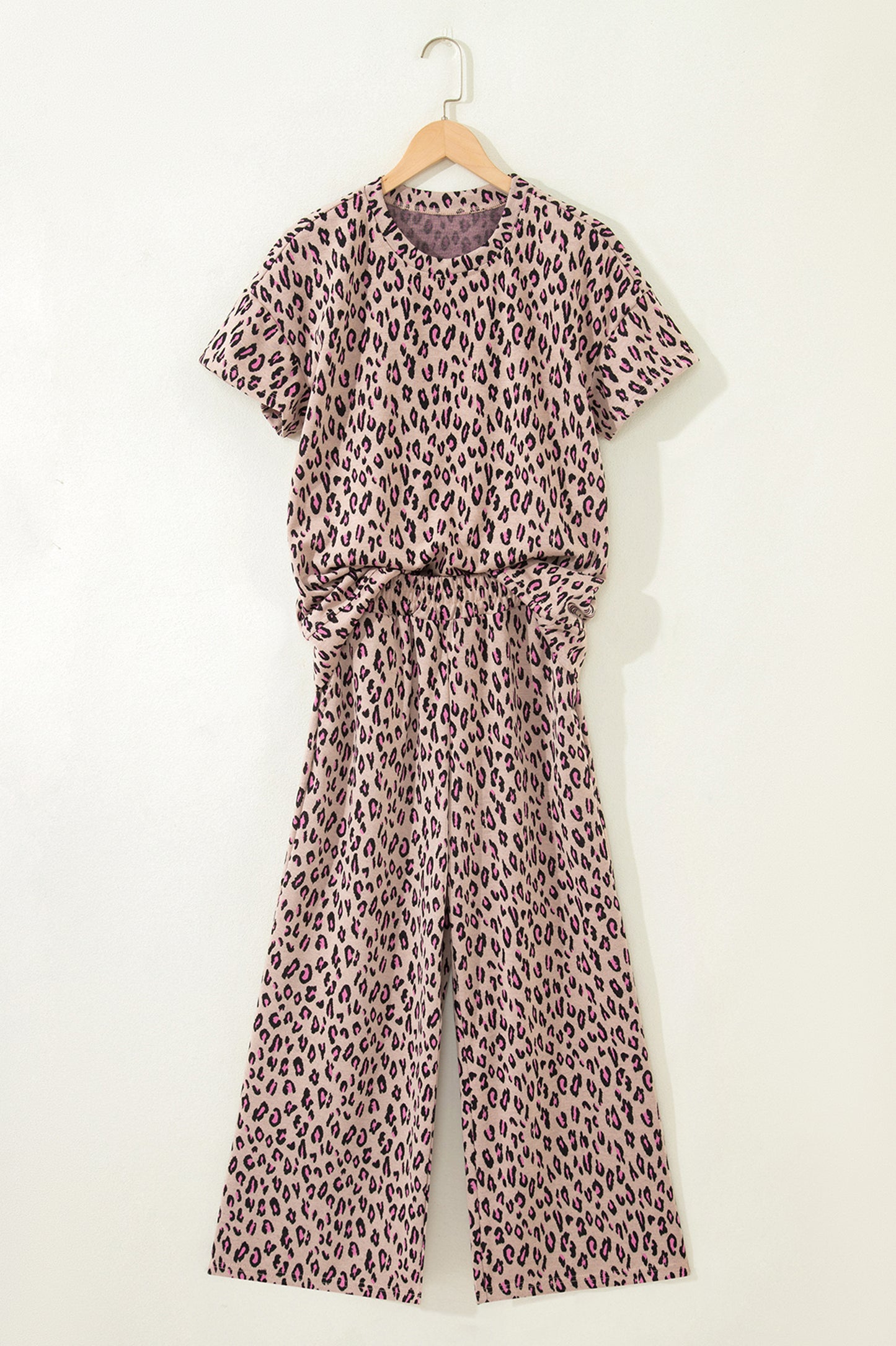 Beige Leopard Print Short Sleeve Top and Wide Leg Pants Set