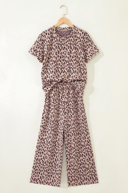Beige Leopard Print Short Sleeve Top and Wide Leg Pants Set