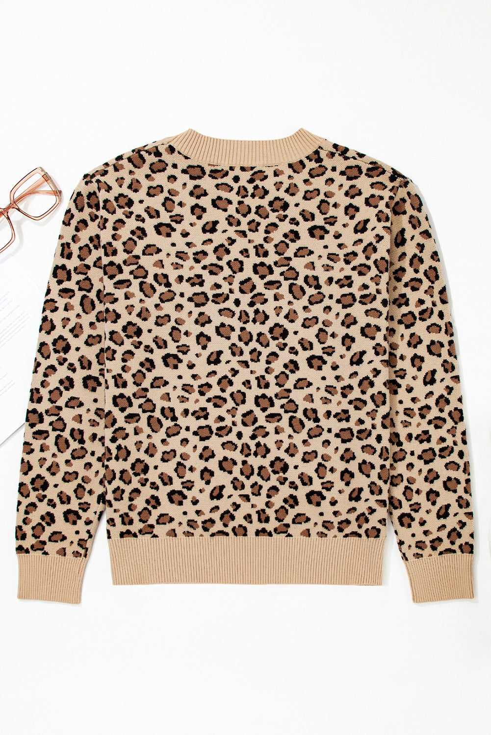 Khaki Leopard Print Crew Neck Long Sleeve Knit Sweater