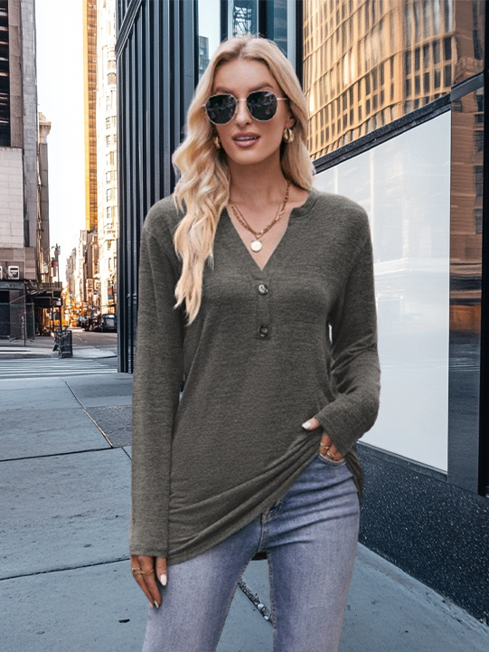 Polished Long Sleeve T-Shirt with V-Neck and Button Details