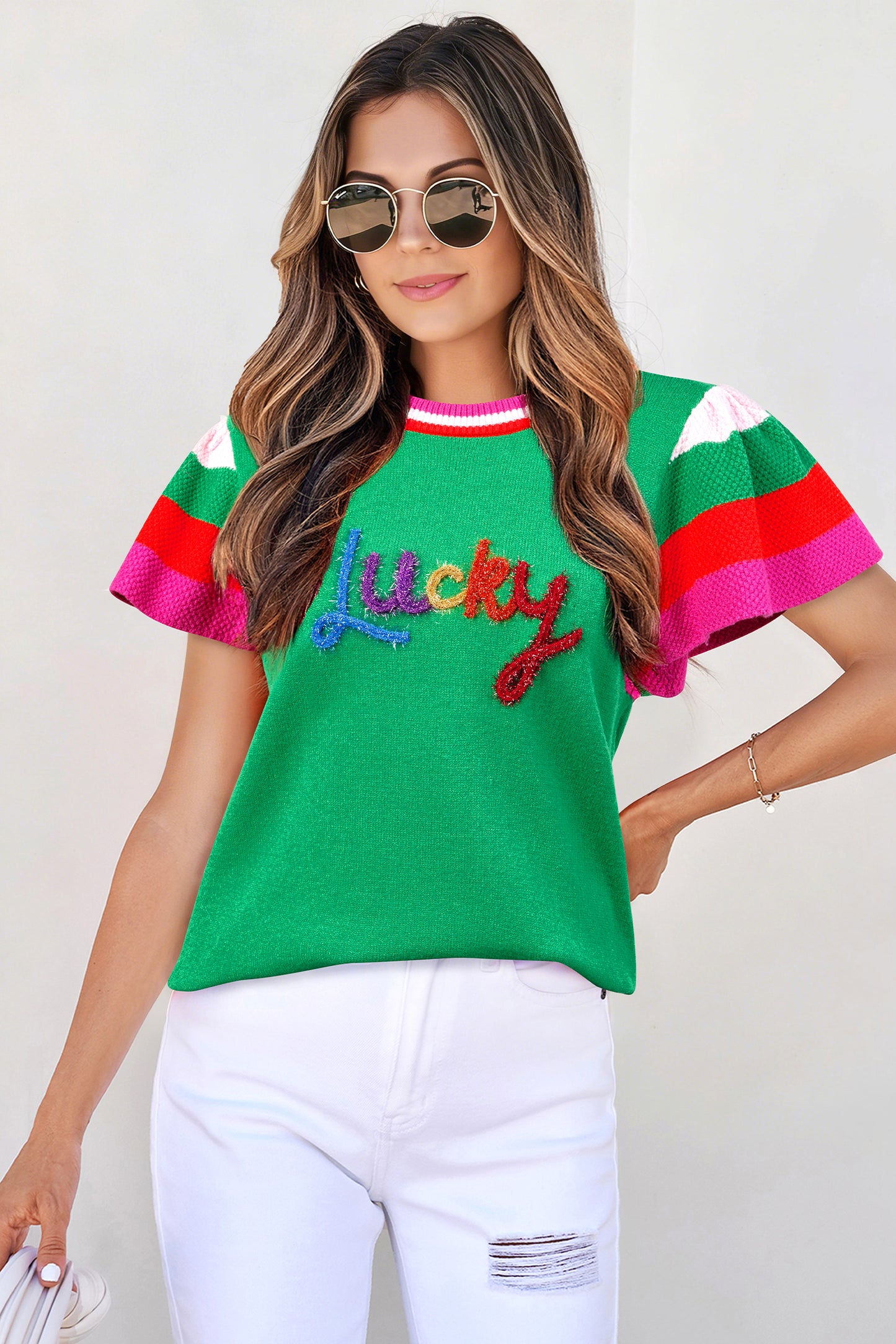 Green St Patrick Lucky Embroidered Striped Sleeve Knit Tee