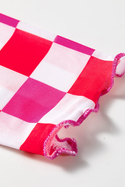 Rose Checkerboard Mesh Long Sleeve Fitted Top
