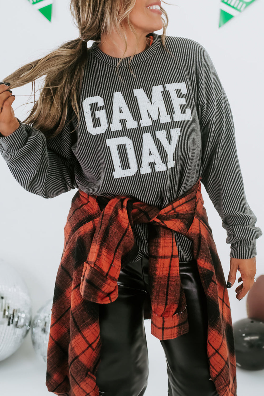 Dark Grey Corded Game Day Graphic Long Sleeve Top