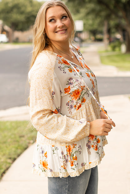 White Plus Size Floral Print V Neck Puff Sleeve Blouse