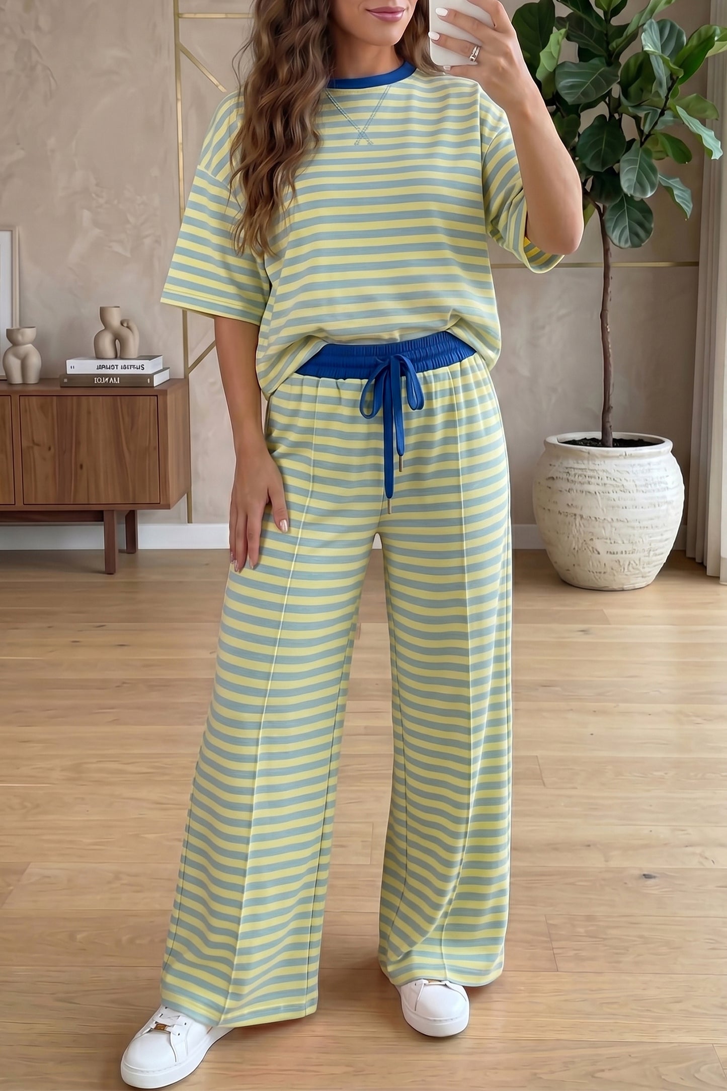 Pink Stripe Wide Leg Lounge Set Women 2 Piece Outfit