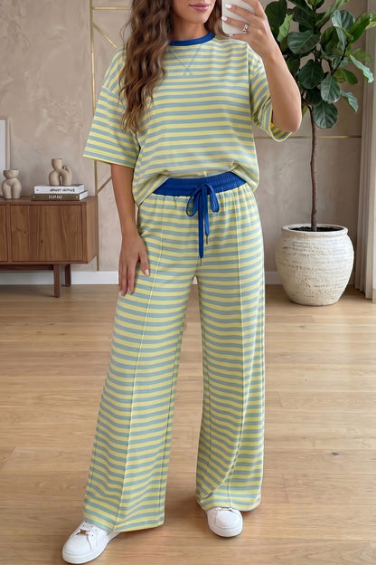 Pink Stripe Wide Leg Lounge Set Women 2 Piece Outfit