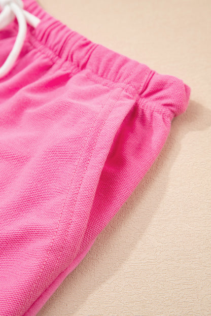 Pink V Neck Lounge Set Drawstring Shorts 2 Piece Set