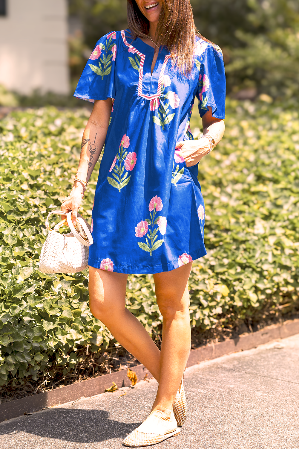 Easter Floral Split Neck Short Sleeve Mini Dress