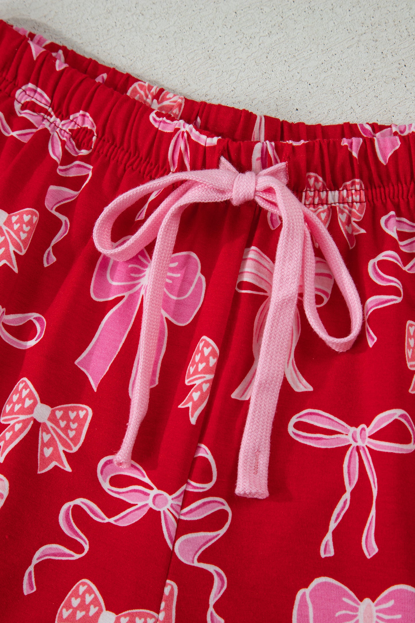 Valentine Red Bow Print Ruffle Pajama Shorts Set for Women