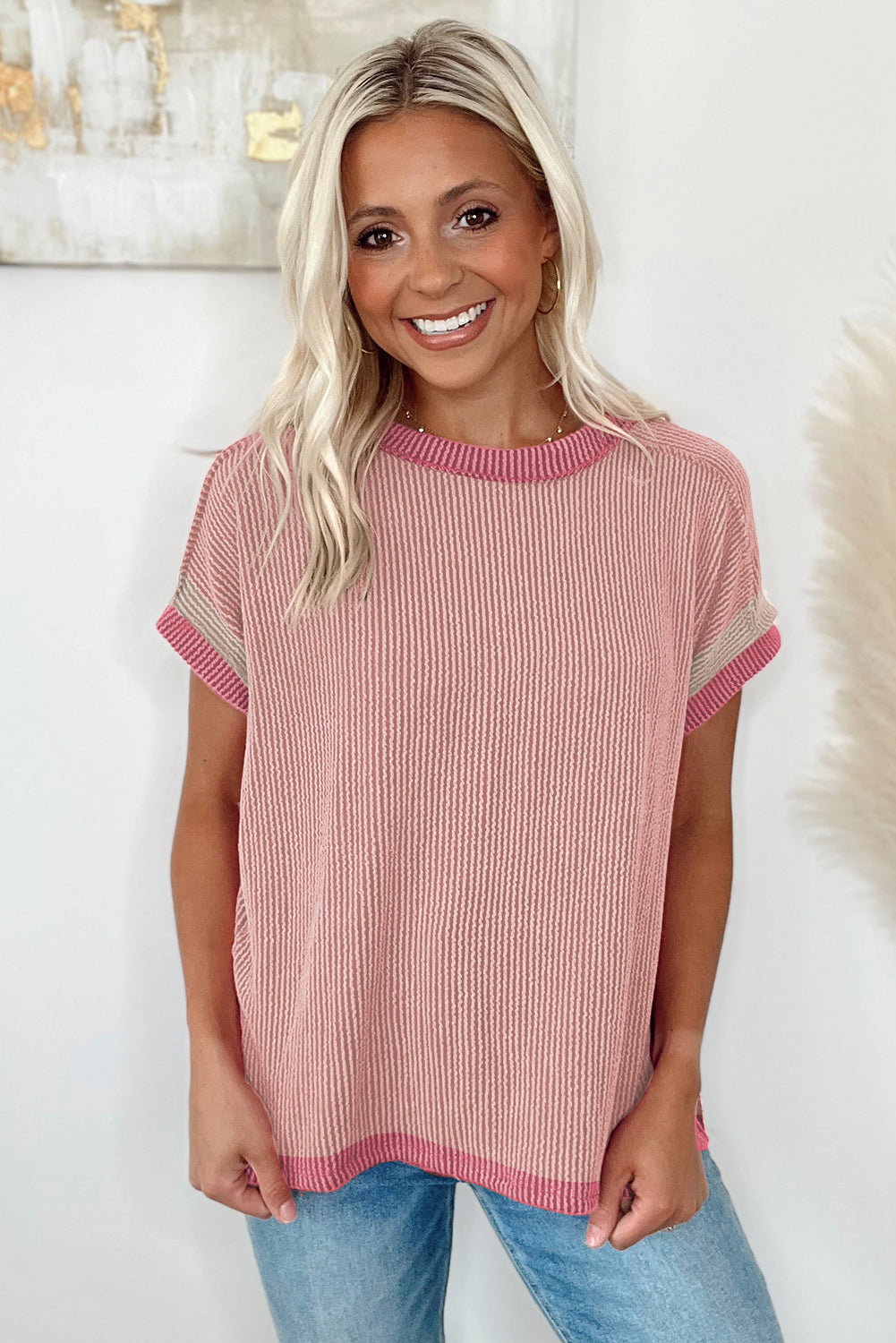 Bright Pink Textured Contrast Trim Round Neck T Shirt