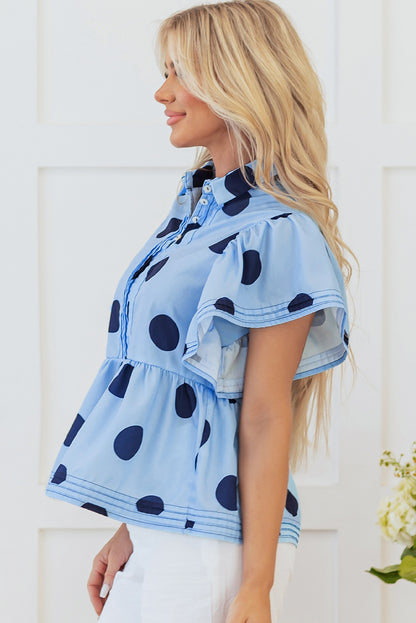 Women Polka Dot Ruffle Sleeve Button Blouse