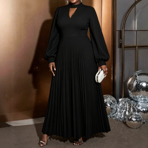 Plus Size Pleated Maxi Dress Lantern Sleeve Mock Neck
