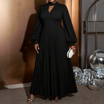 Plus Size Pleated Maxi Dress Lantern Sleeve Mock Neck