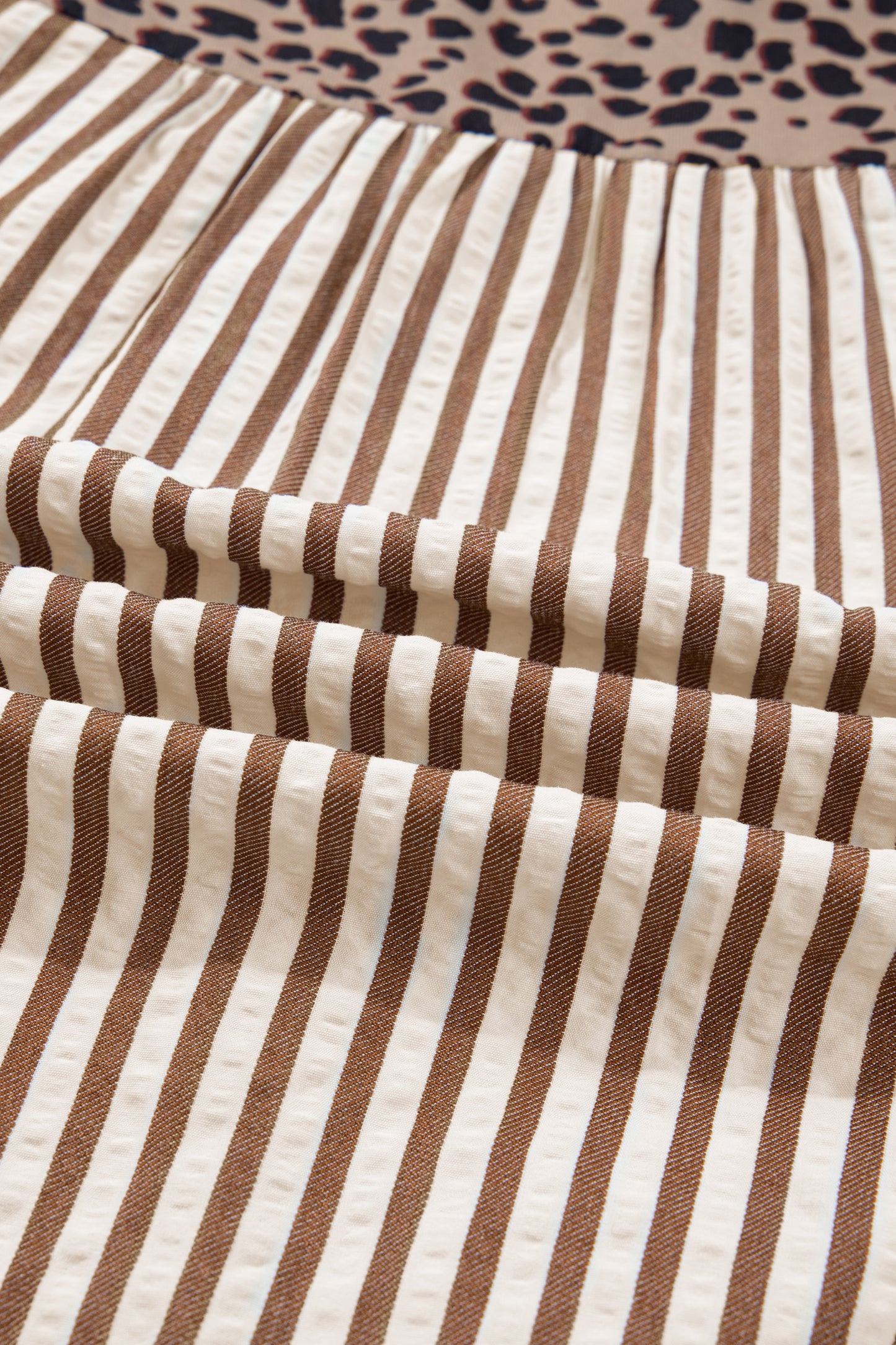 Brown Stripe V Neck Button Down Top with Leopard Trim Detail