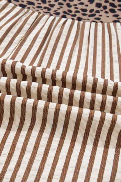 Brown Stripe V Neck Button Down Top with Leopard Trim Detail