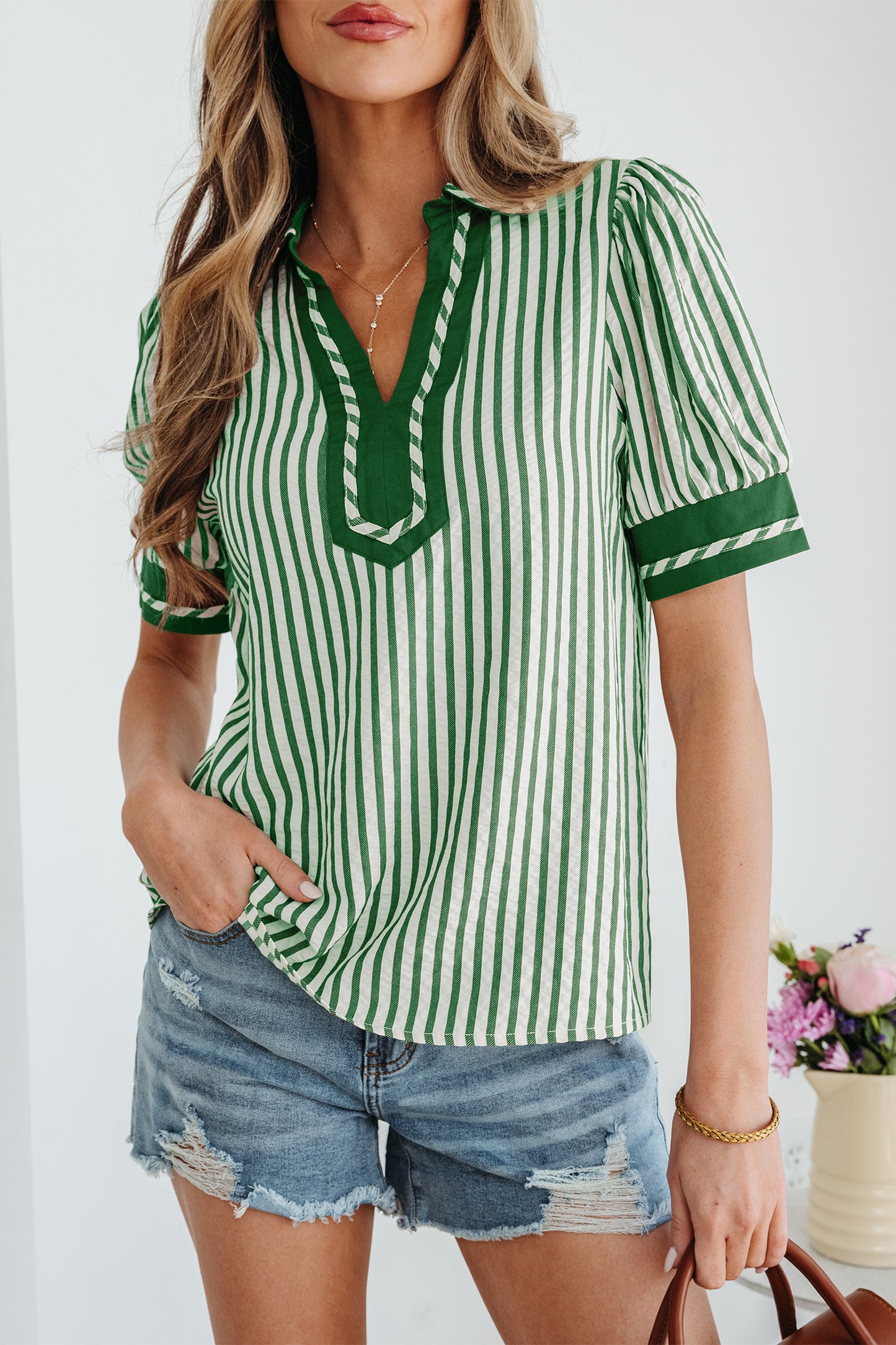 Khaki Striped Split Neck Puff Sleeve Blouse Top