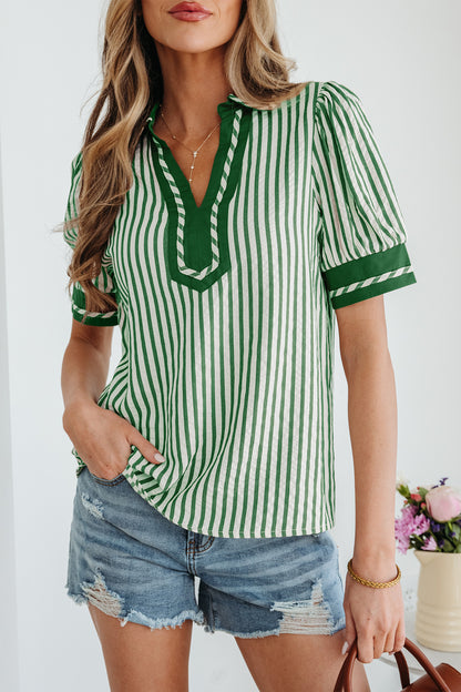 Khaki Striped Split Neck Puff Sleeve Blouse Top